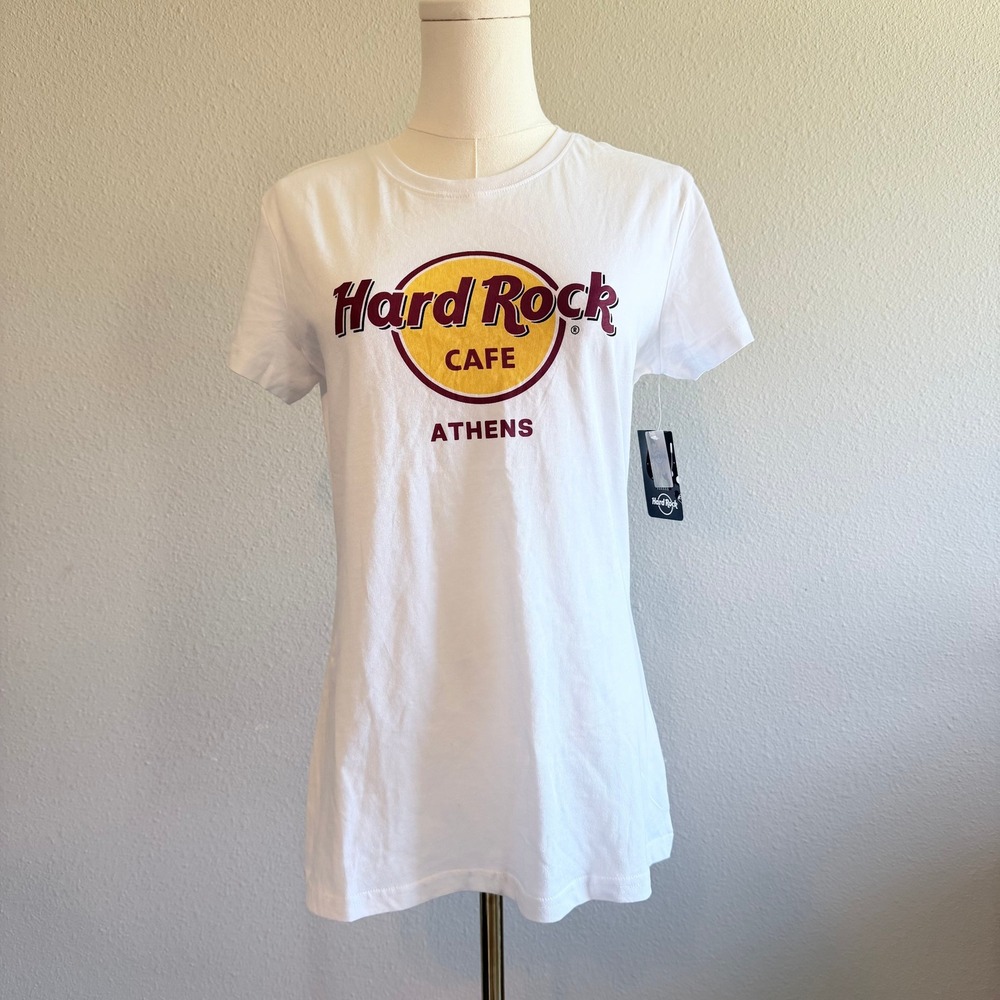 Hard Rock Cafe Athens Classic Logo White Short Sleeve T Shirt Womens Small NWT